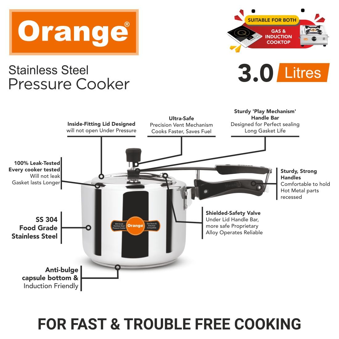 Orange Stainless Steel 3 Litre Pressure Cooker T2574