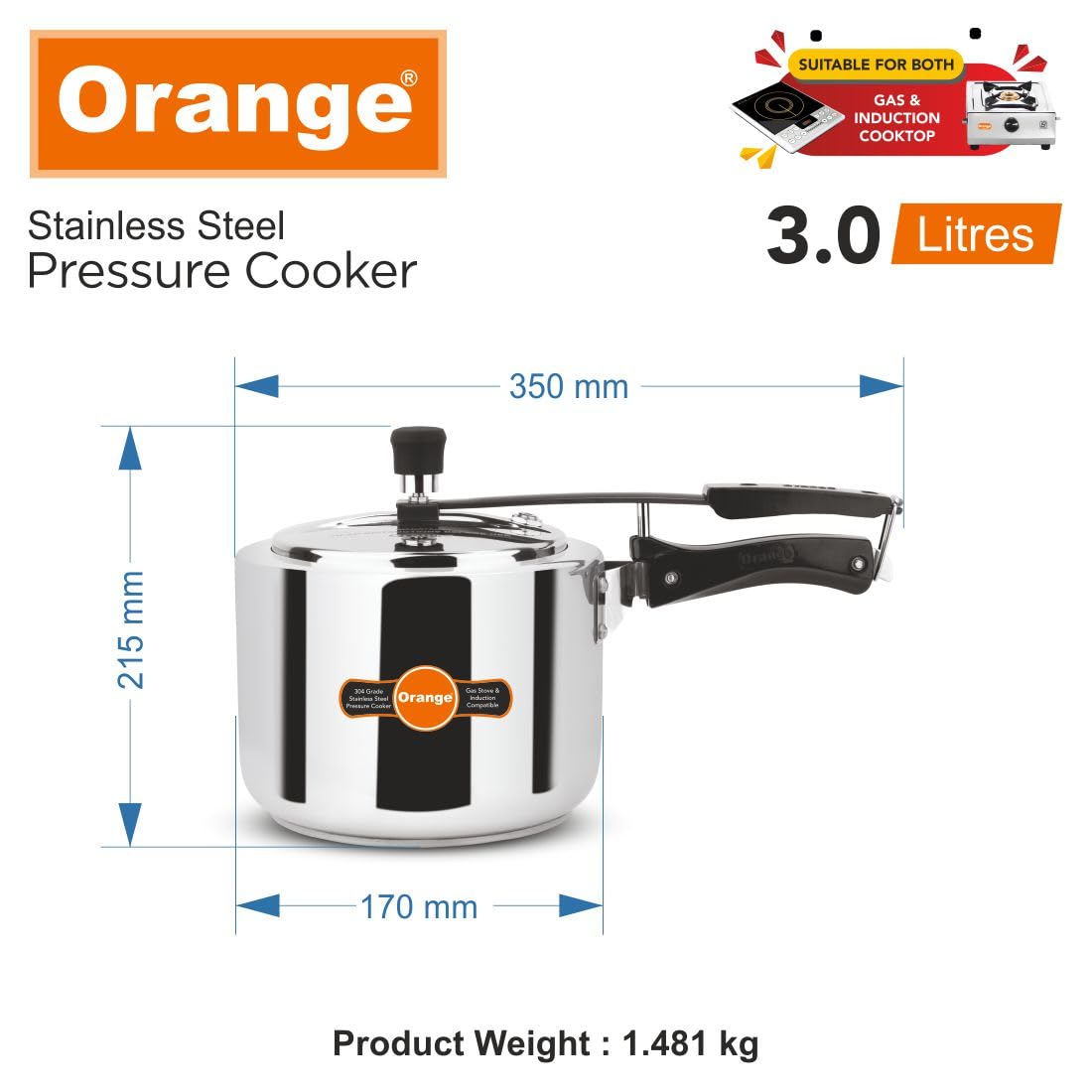 Orange Stainless Steel 3 Litre Pressure Cooker T2574