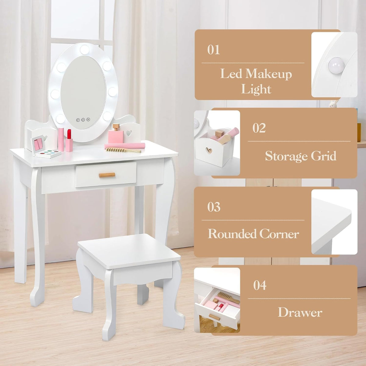 Vanity Table Set with Lighted Mirror and Stool J10823