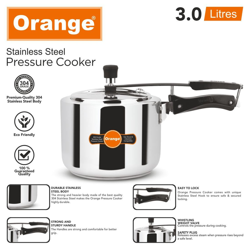 Orange Stainless Steel 3 Litre Pressure Cooker T2574