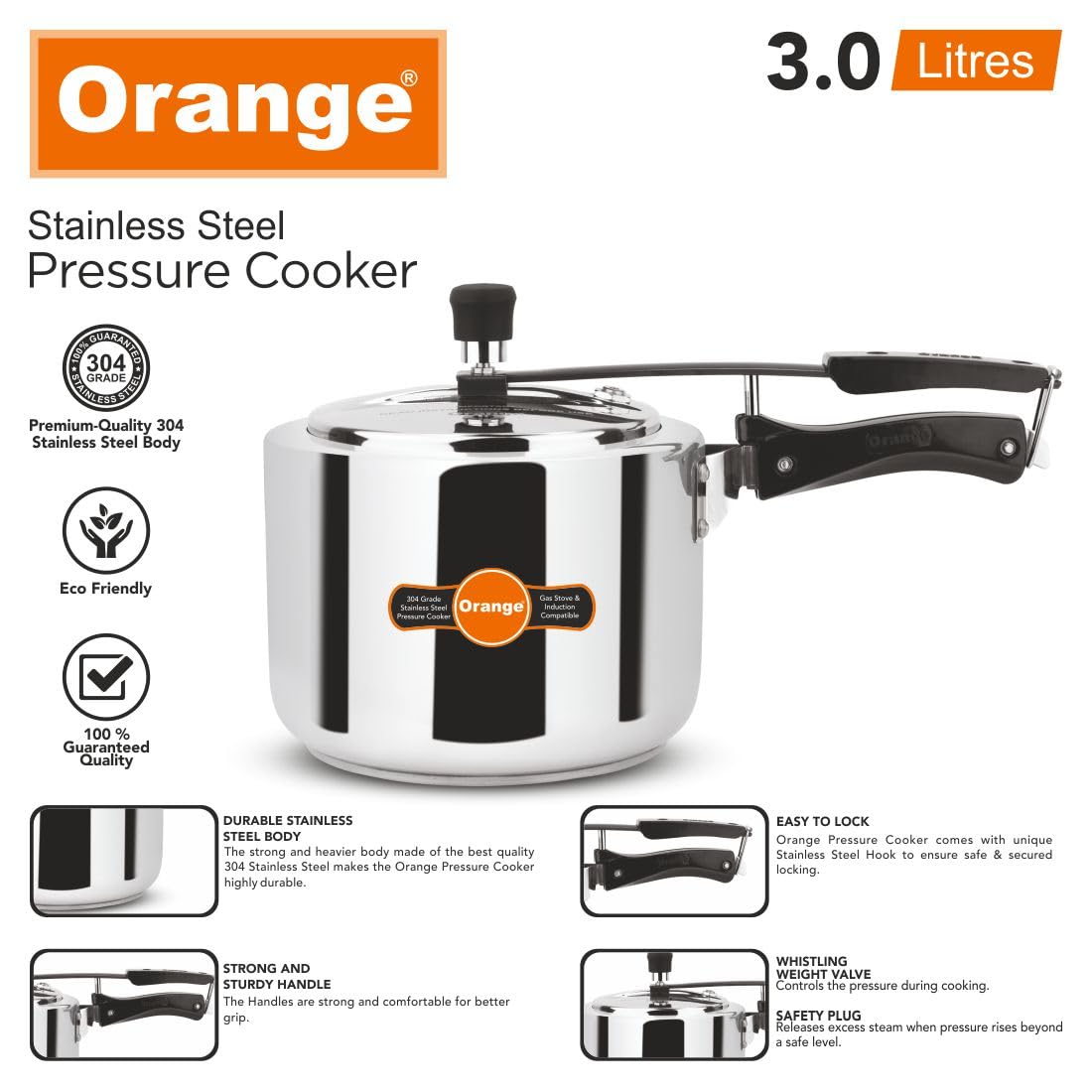 Orange Stainless Steel 3 Litre Pressure Cooker T2574