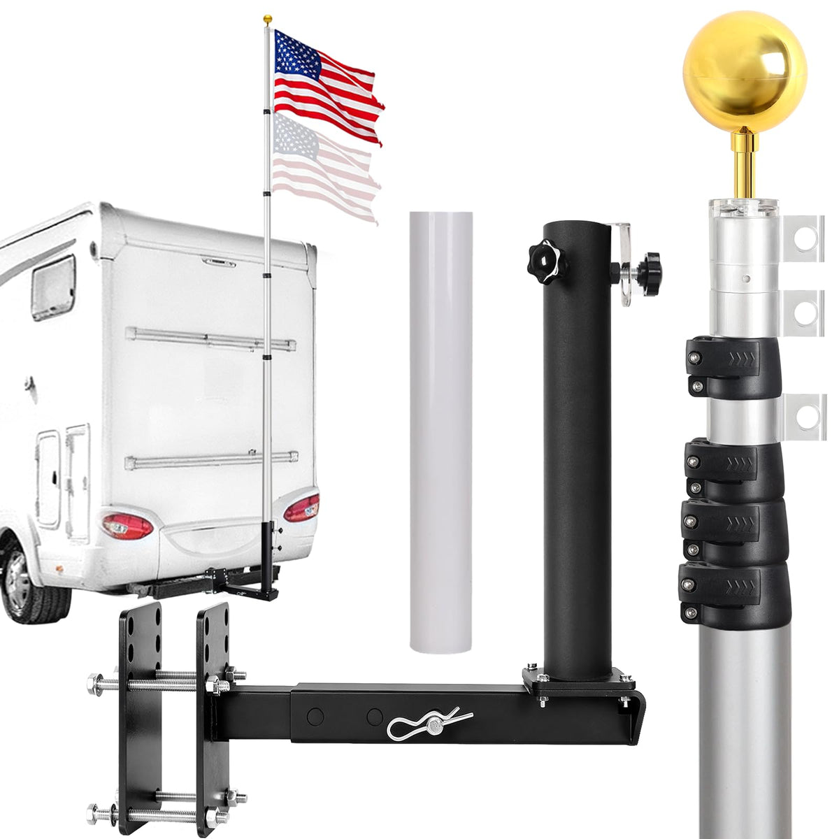 16FT Silver Thickened Aluminum RV Flagpole Y16322
