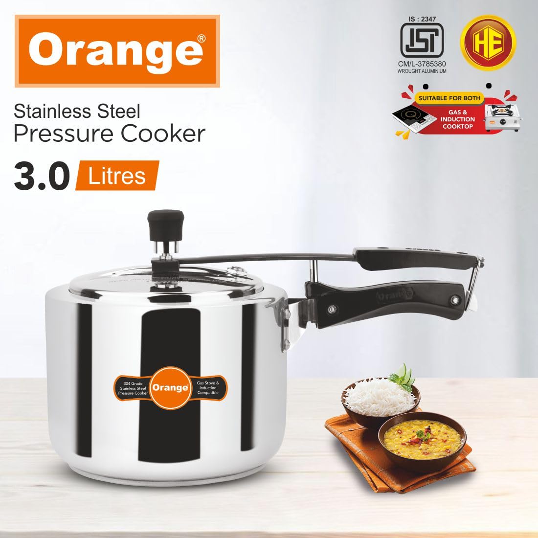 Orange Stainless Steel 3 Litre Pressure Cooker T2574