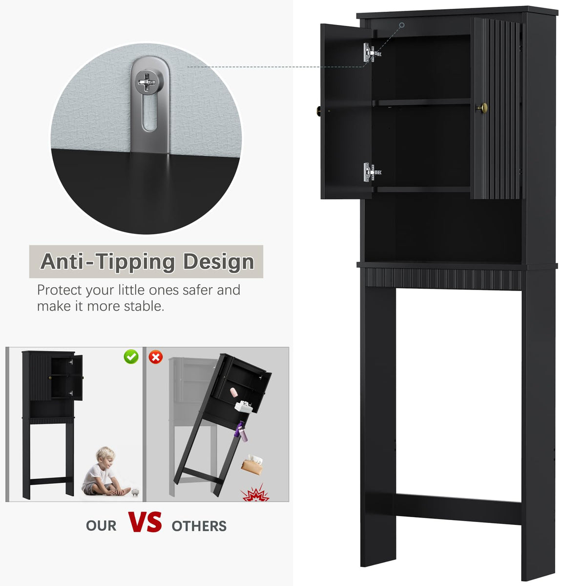 Black Over The Toilet Storage Cabinet with Adjustable Shelf M959511