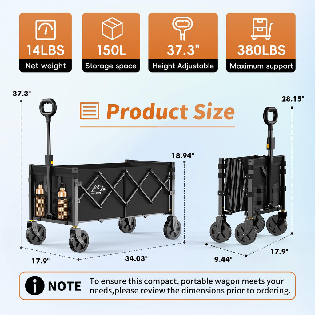 34'' Extra Long Collapsible Wagon, 380lbs Heavy Duty Utility Cart with All-Terrain Wheels U1556