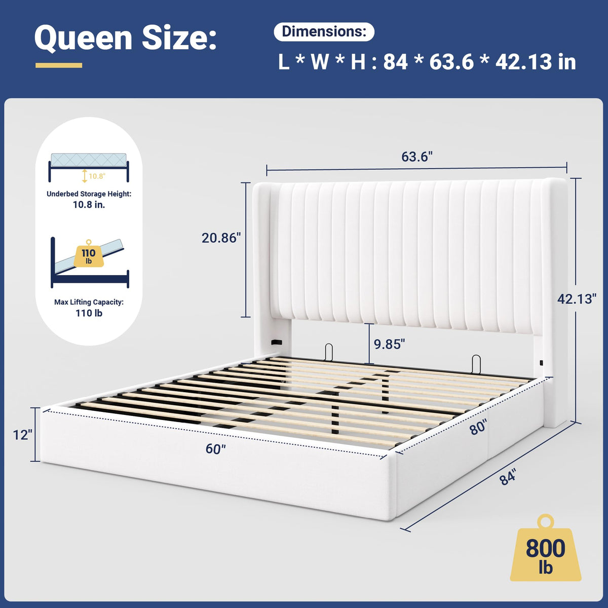 Queen Size Lift Up Storage Bed Frame White B2651