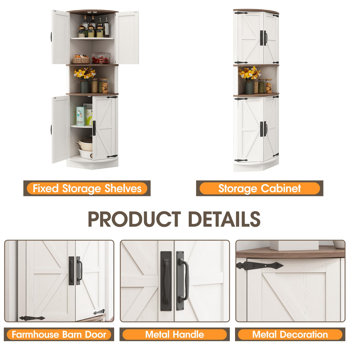 White Tall Corner Storage Cabinet with 4 Doors and 5 Shelves F253