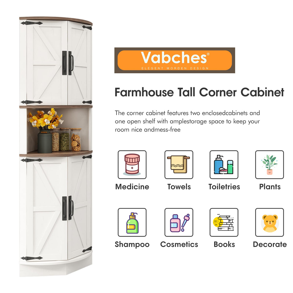 White Tall Corner Storage Cabinet with 4 Doors and 5 Shelves F253
