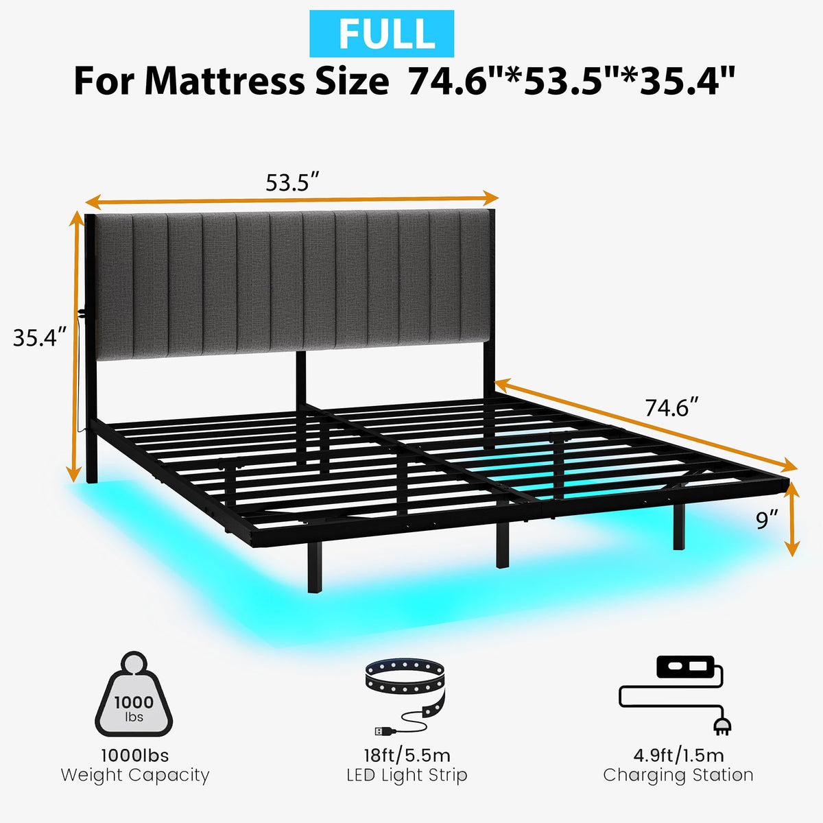 Full Size Metal Platform Bed Frame with LED Lights and Charging Port Q241742