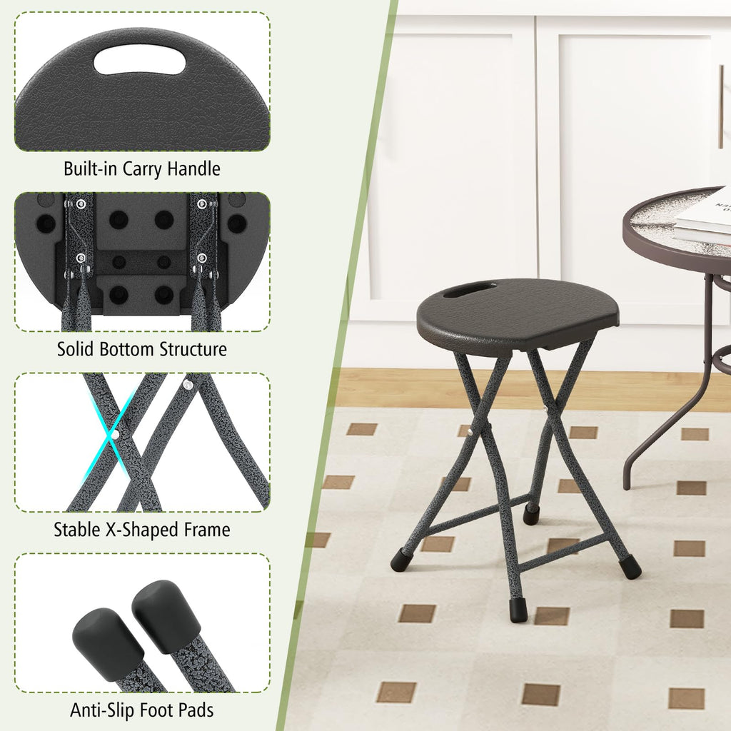 Folding Stool, 18in Portable Collapsible Bar Stool with Handle & Steel Frame R680