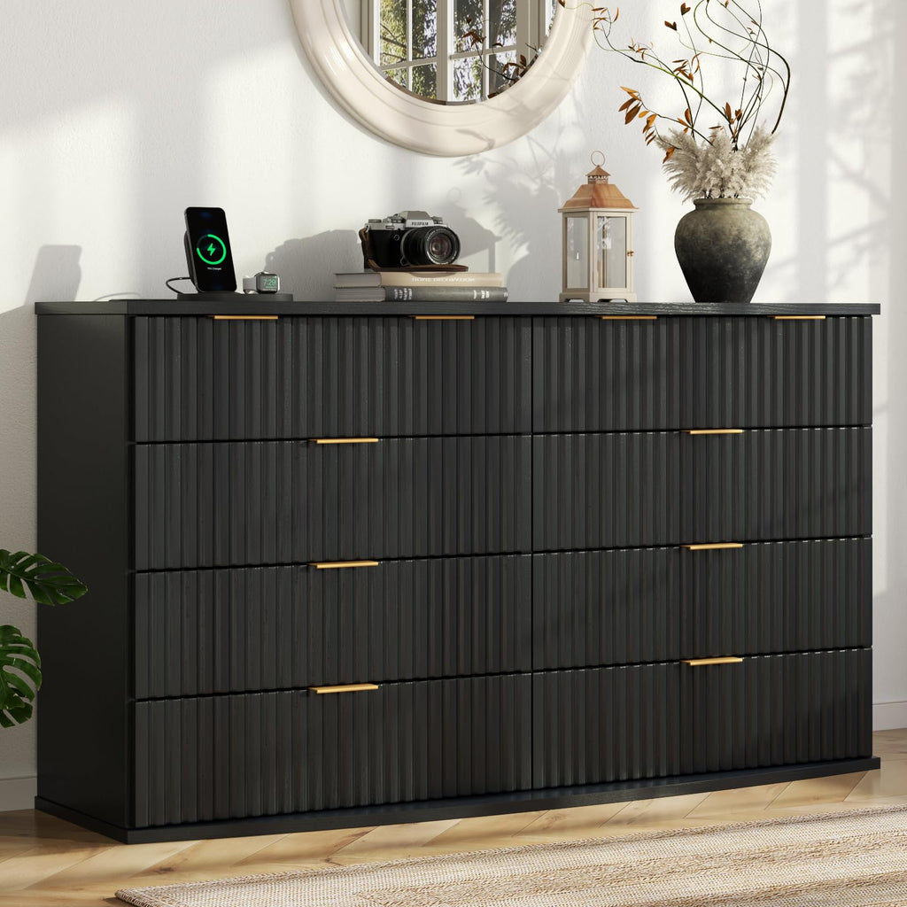 Black 8 Drawer Fluted Wood Dresser with Power Outlet D72455