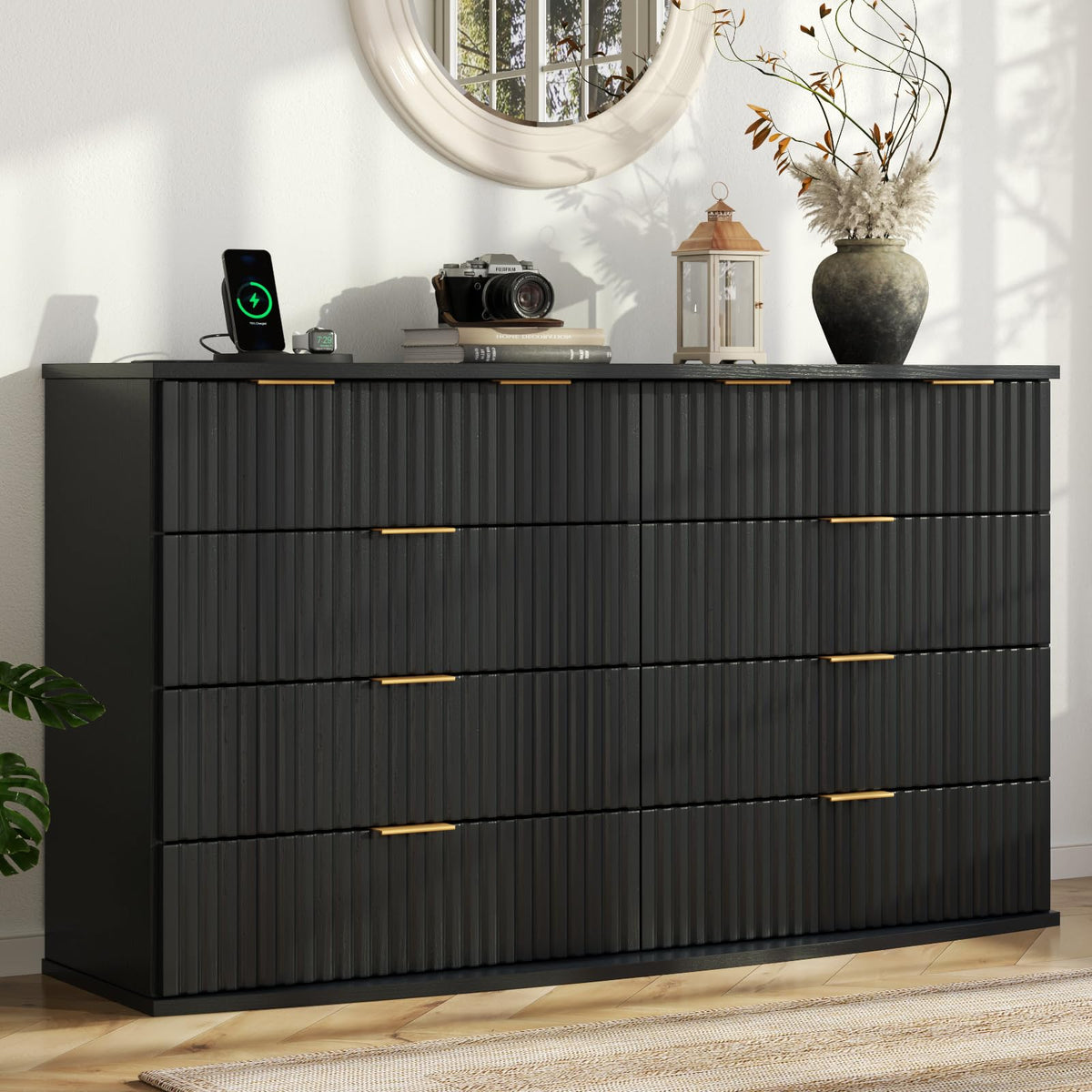 Black 8 Drawer Fluted Wood Dresser with Power Outlet D72455