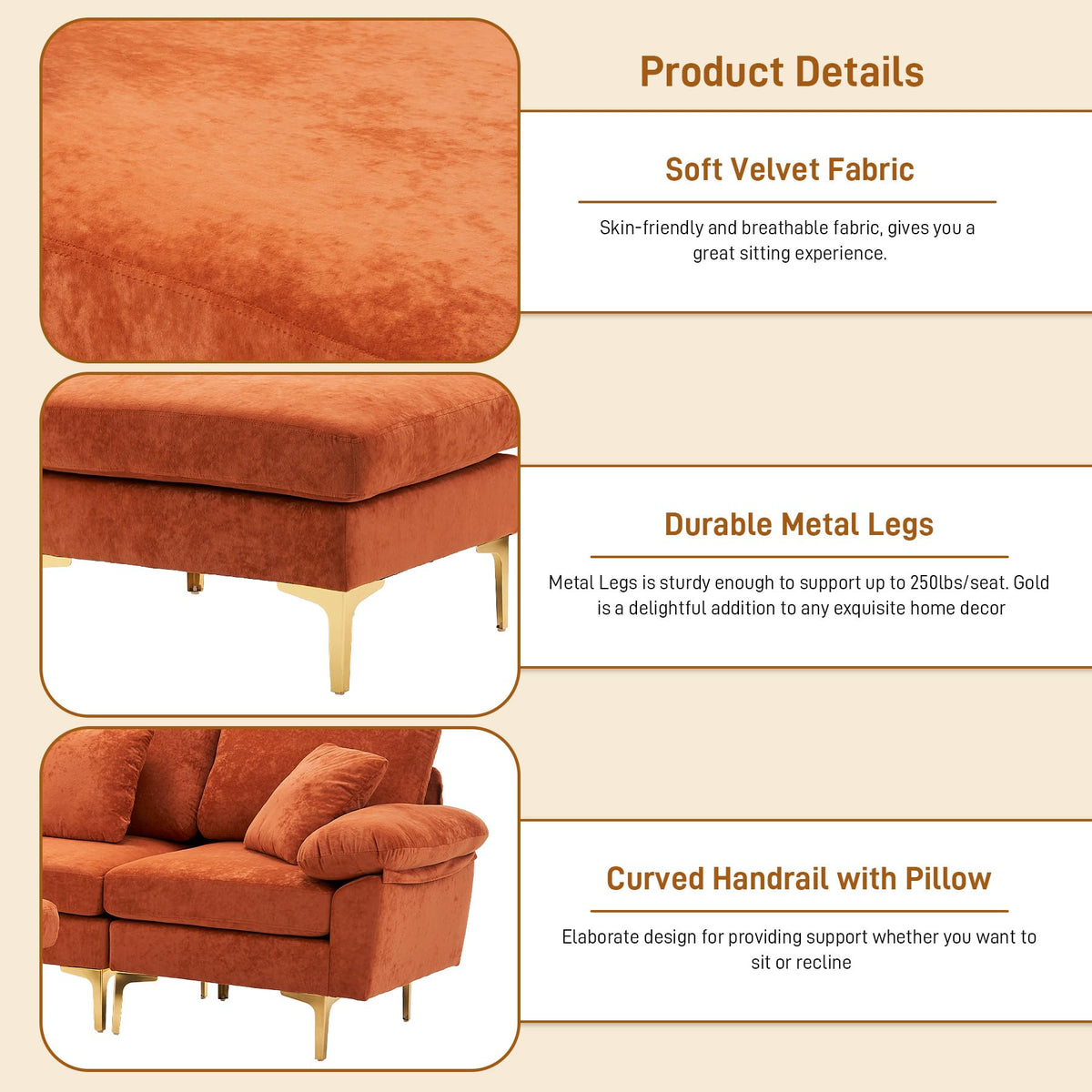 114" U-Shaped Velvet Sectional Couch with Ottoman D597