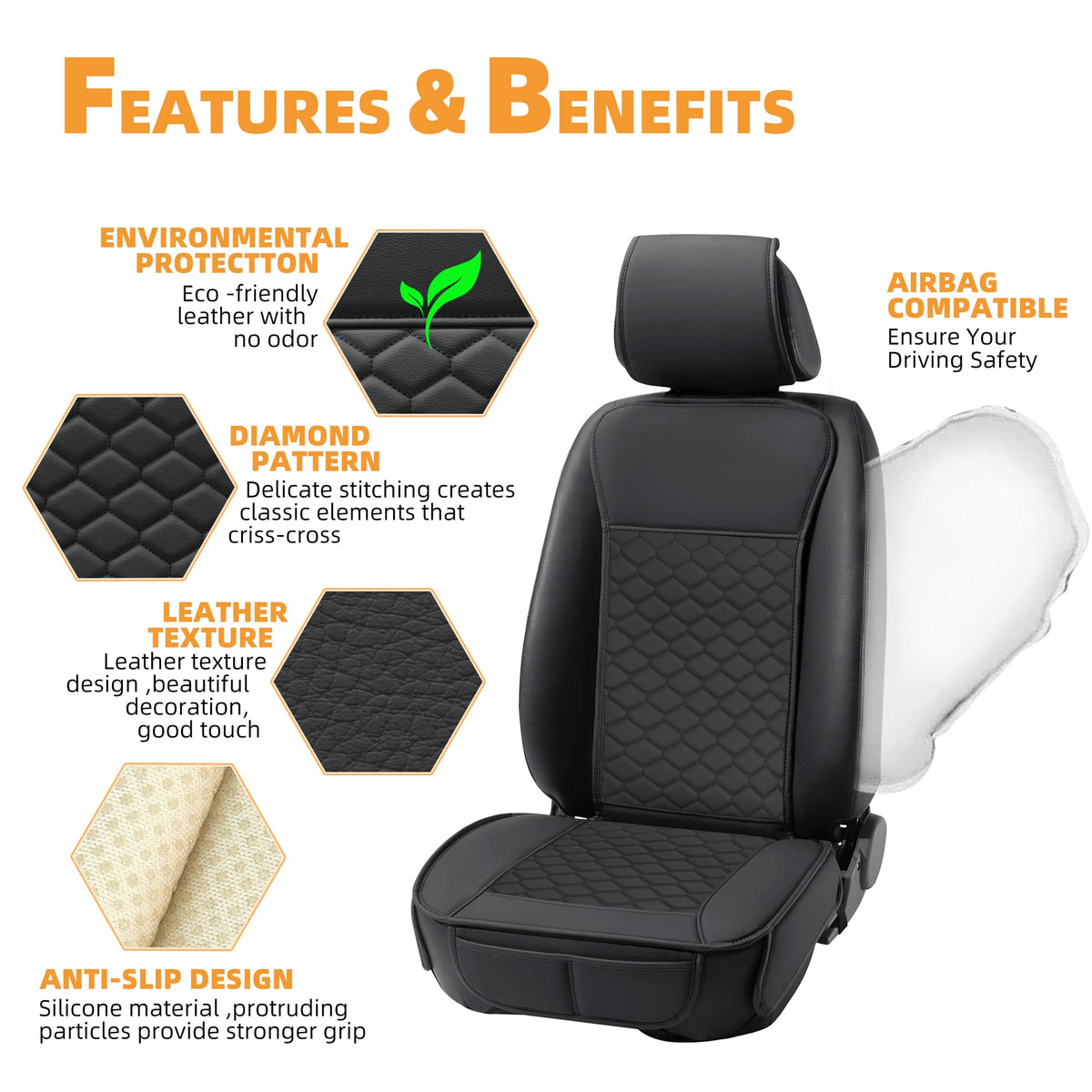 Leather Waterproof Car Seat Cover Full Set Black T726938