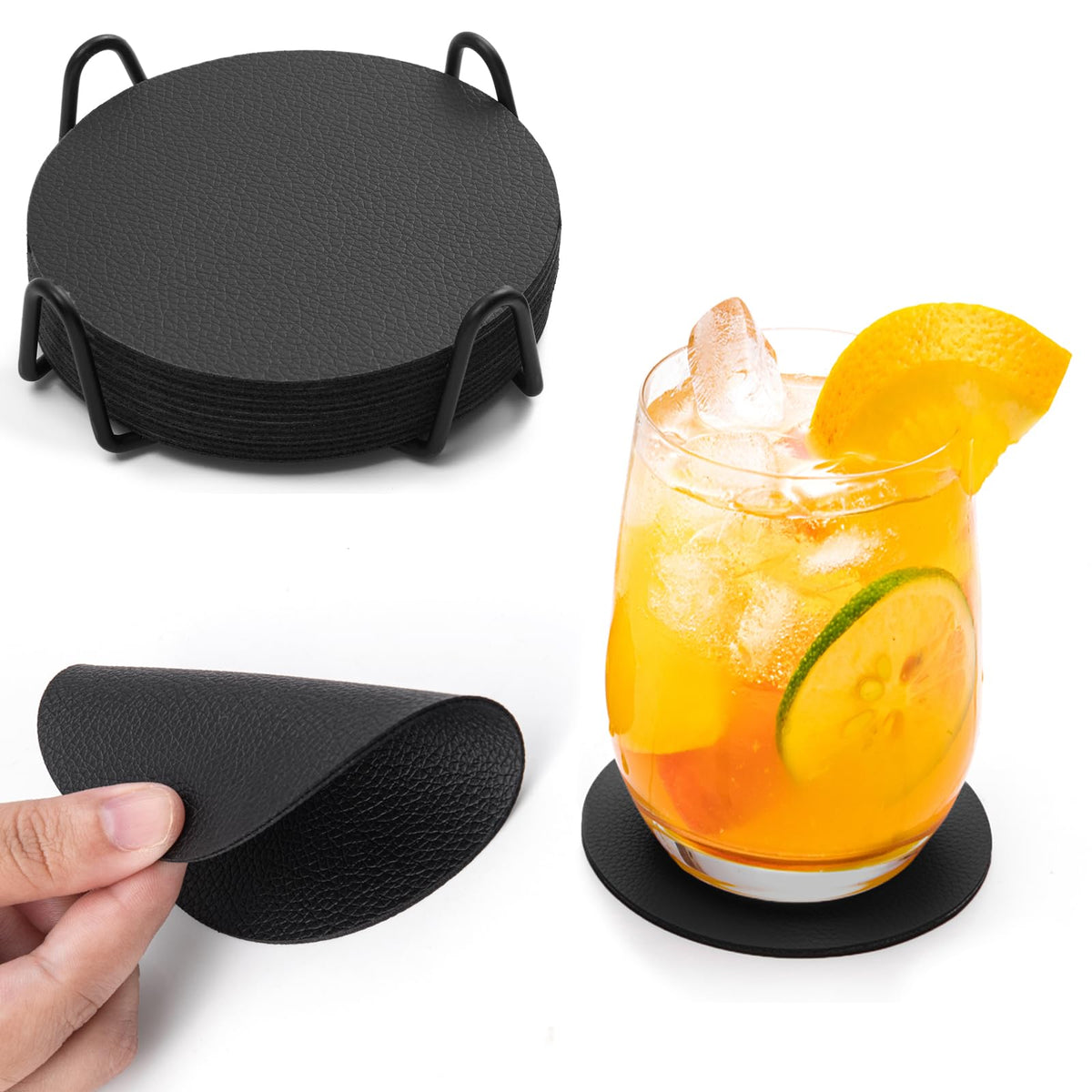 Faux Leather Drink Coasters with Holder, Set of 12 X19651