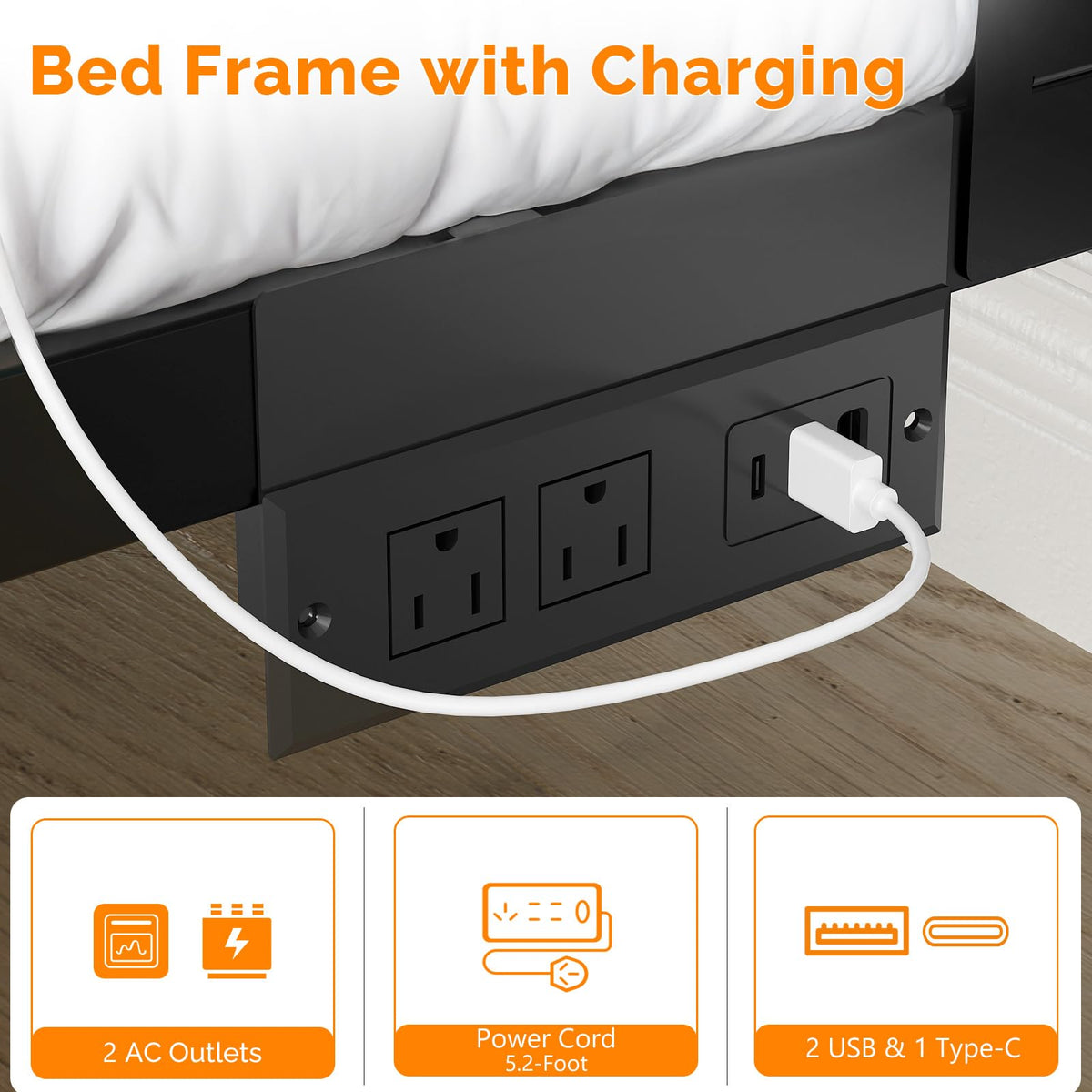 Full Size Metal Platform Bed Frame with LED Headboard and Charging Ports, Black U450