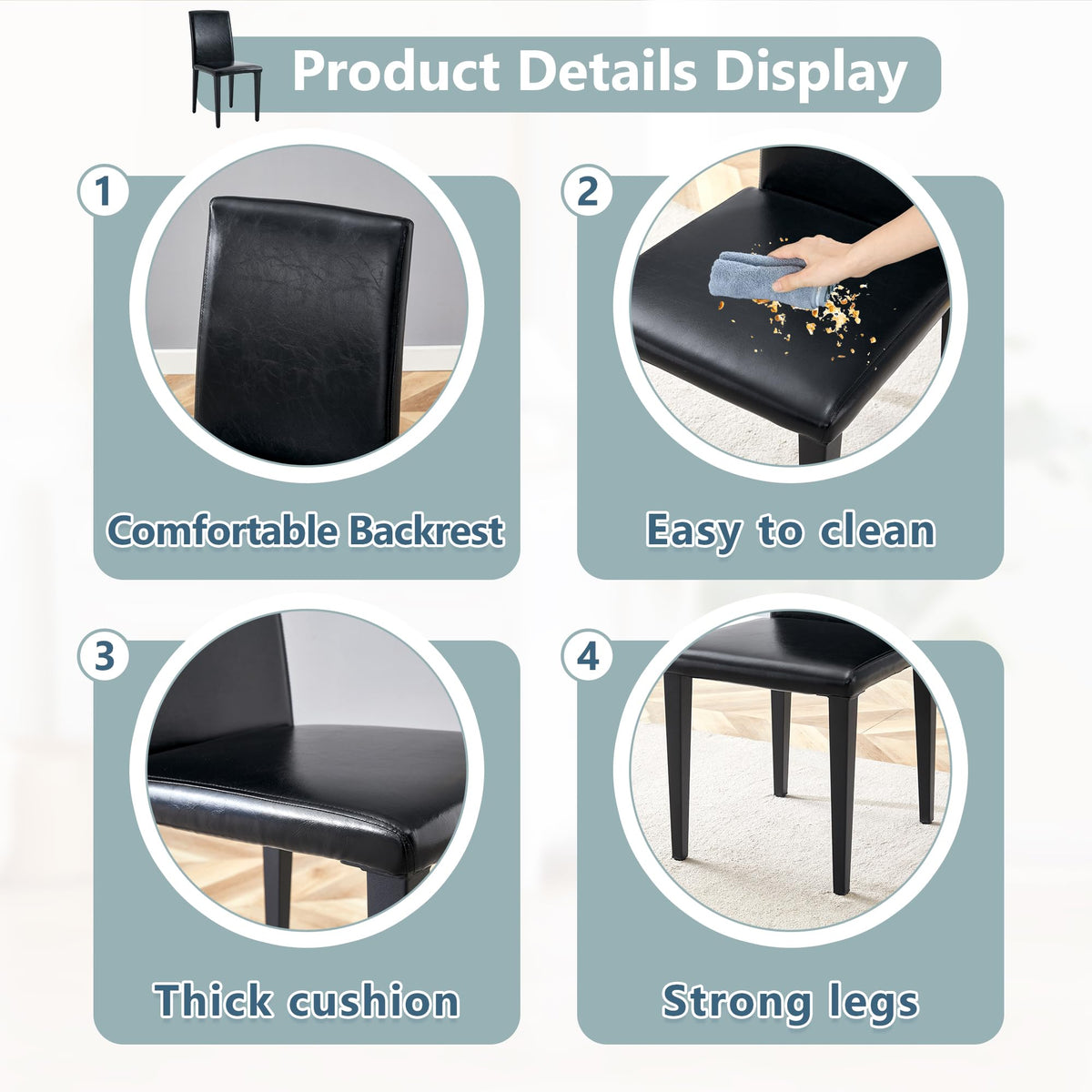Black PU Leather Upholstered Dining Chairs Set of 2 with Metal Legs S2358