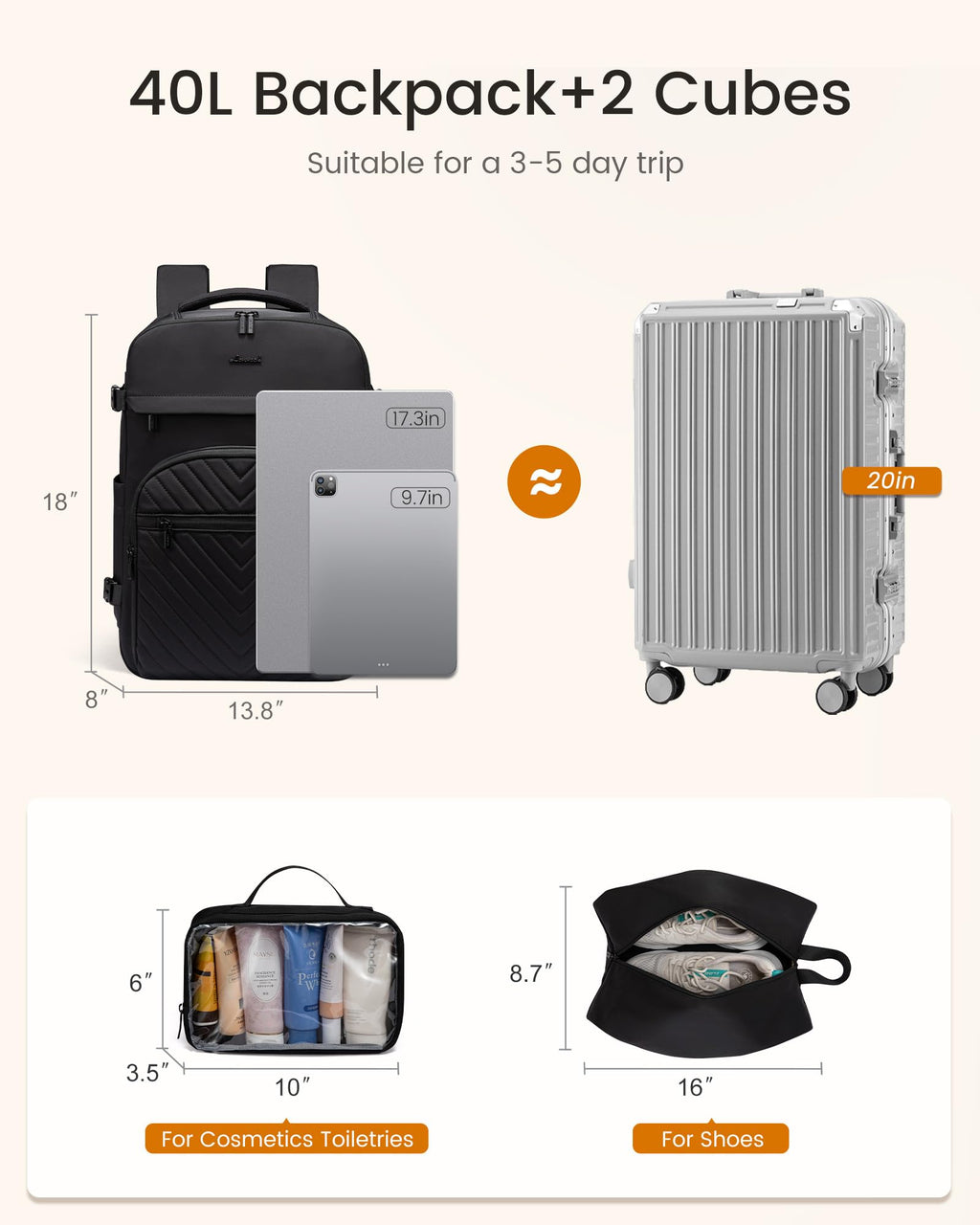 40L Waterproof Travel Backpack with 2 Cubes H27196
