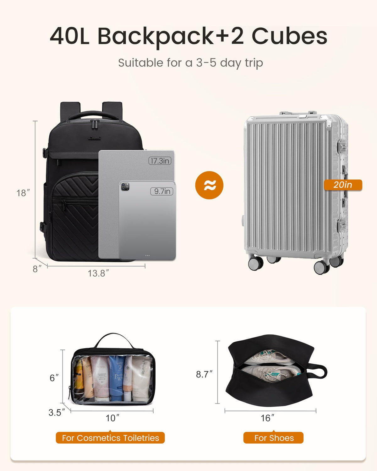 40L Waterproof Travel Backpack with 2 Cubes H27196
