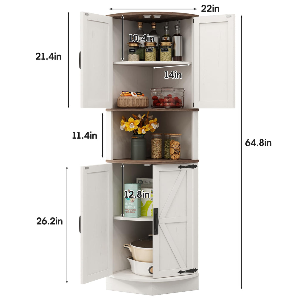 White Tall Corner Storage Cabinet with 4 Doors and 5 Shelves F253