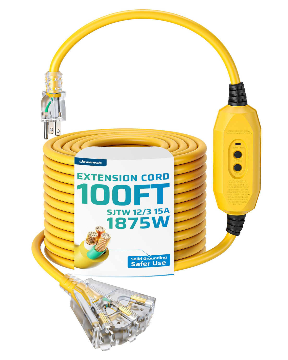100FT GFCI Extension Cord 3 Prong Plug 12/3 AWG SJTW O839073