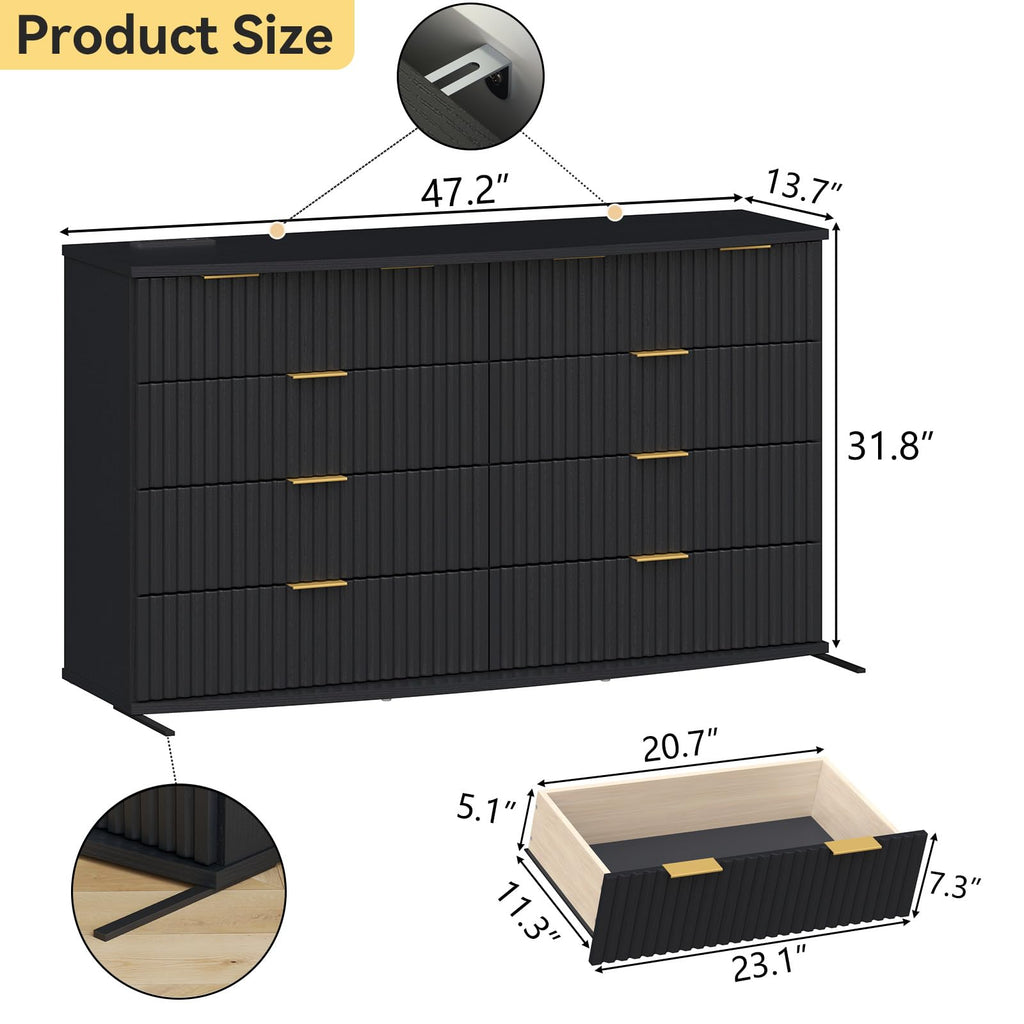 Black 8 Drawer Fluted Wood Dresser with Power Outlet D72455
