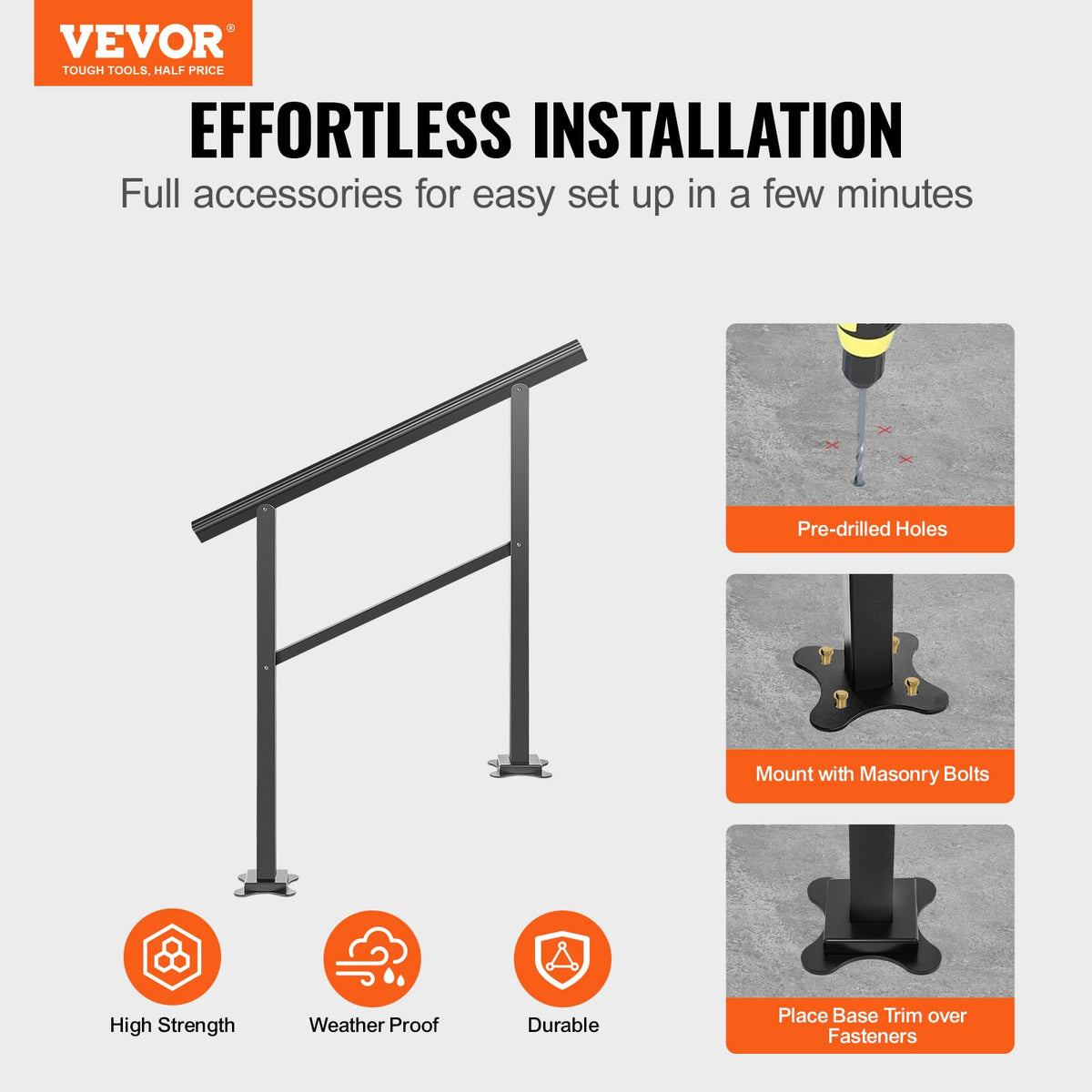 Aluminum Outdoor Stair Handrail 36 x 35 for 2-3 Steps B202
