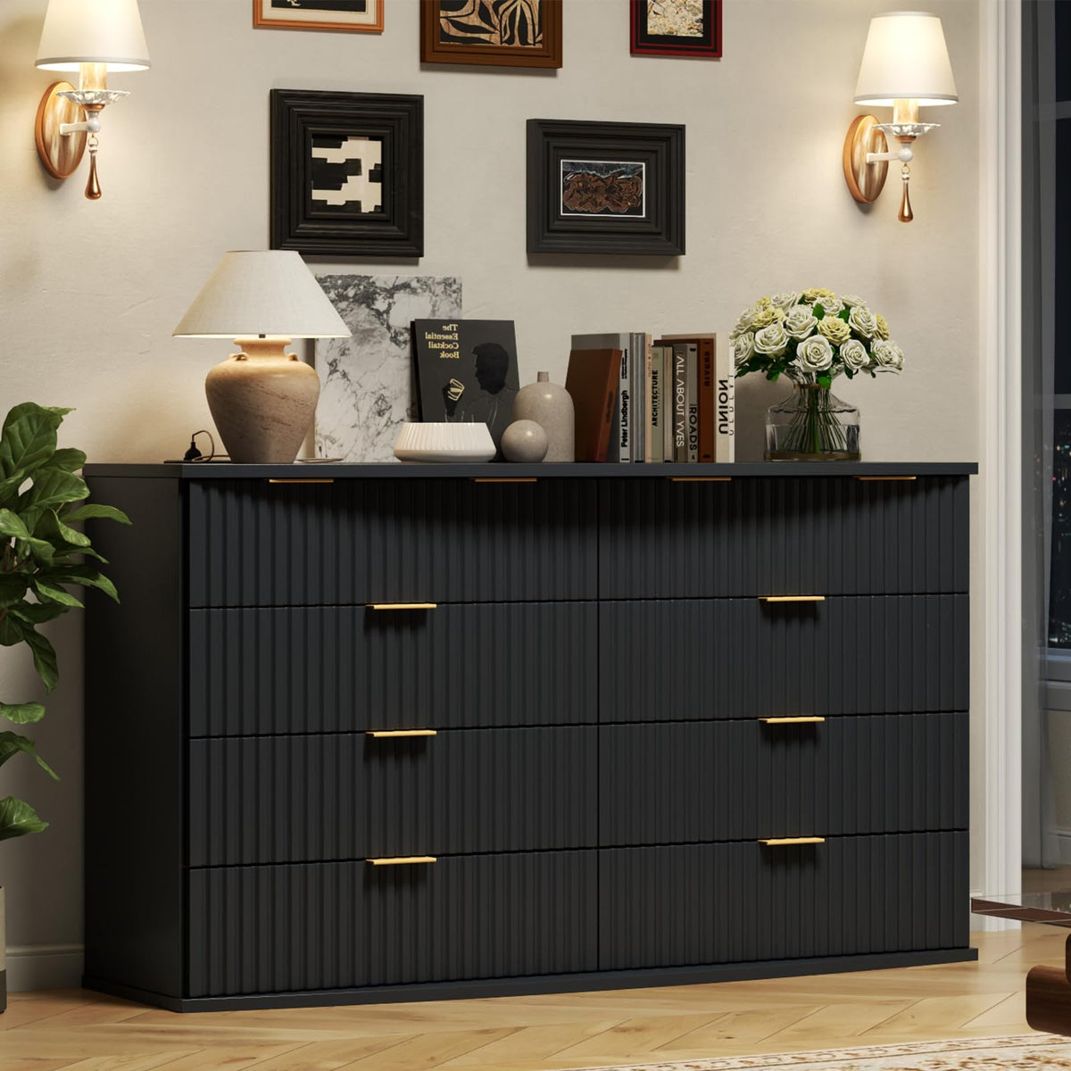 Black 8 Drawer Fluted Wood Dresser with Power Outlet D72455
