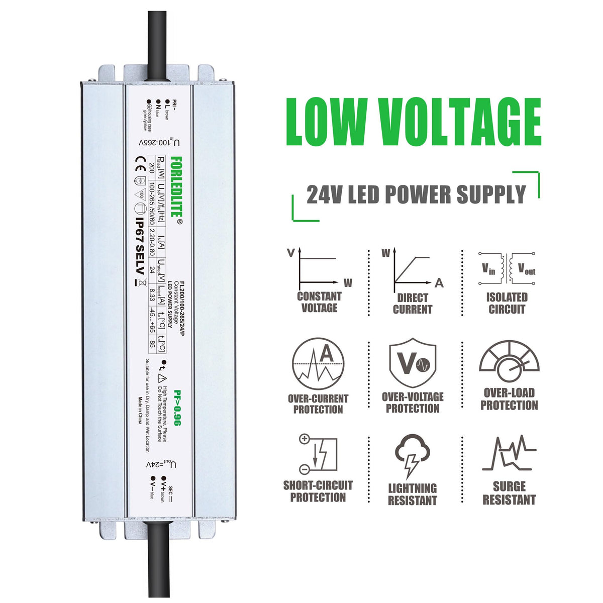 100~265V AC to DC 24V 200W IP67 Waterproof LED Power Supply Transformer H51900