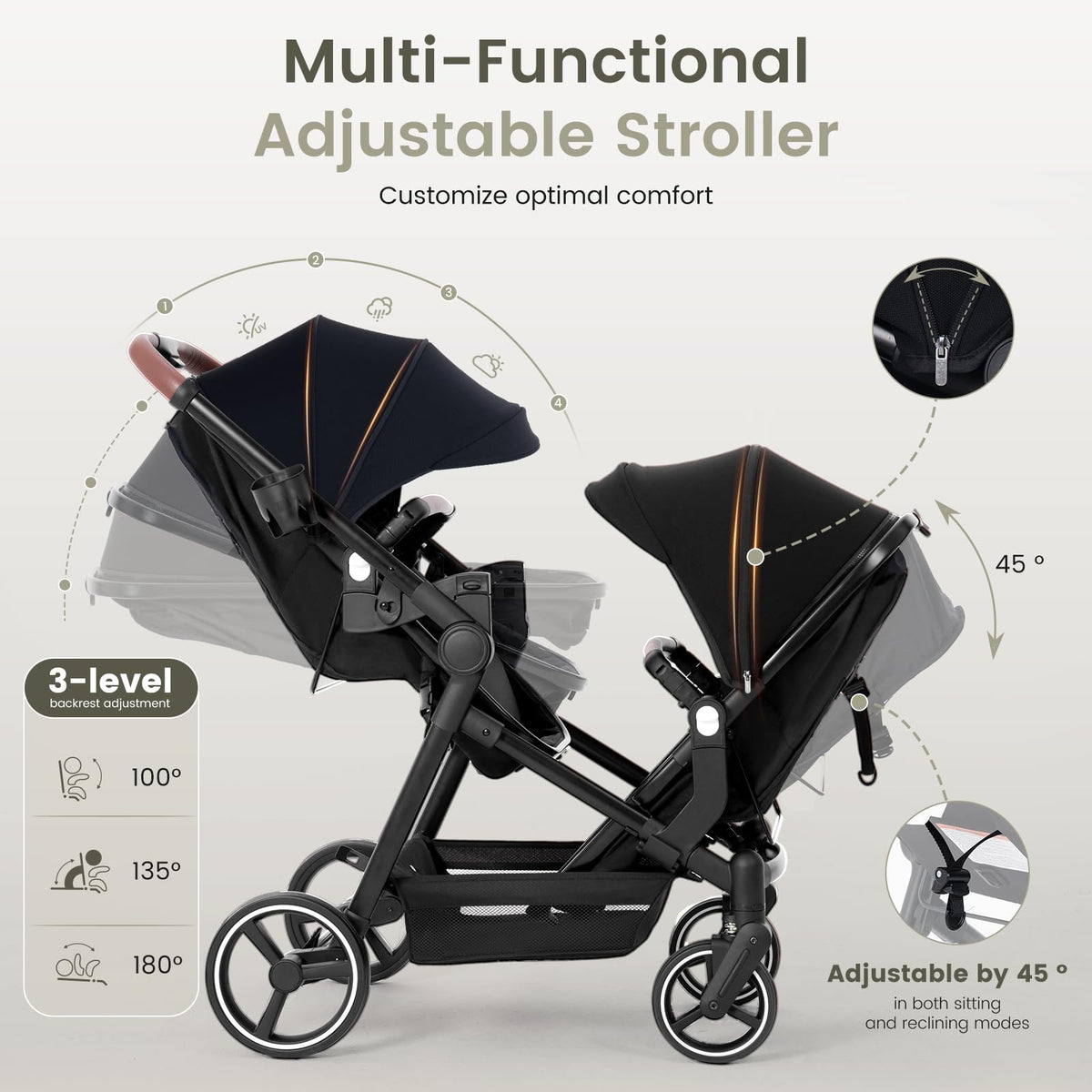 Foldable Tandem Double Stroller with Storage Basket X4172