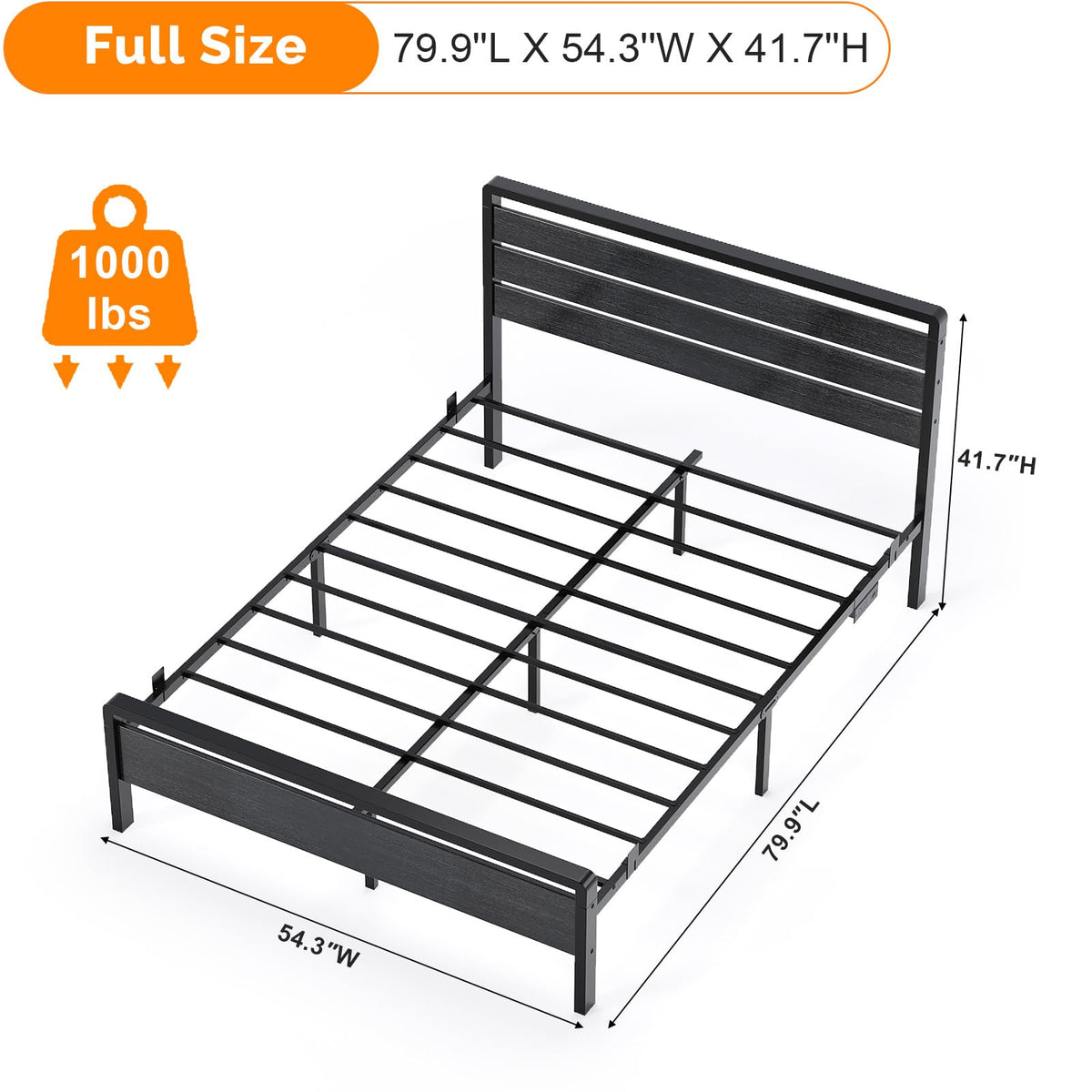 Full Size Metal Platform Bed Frame with LED Headboard and Charging Ports, Black U450