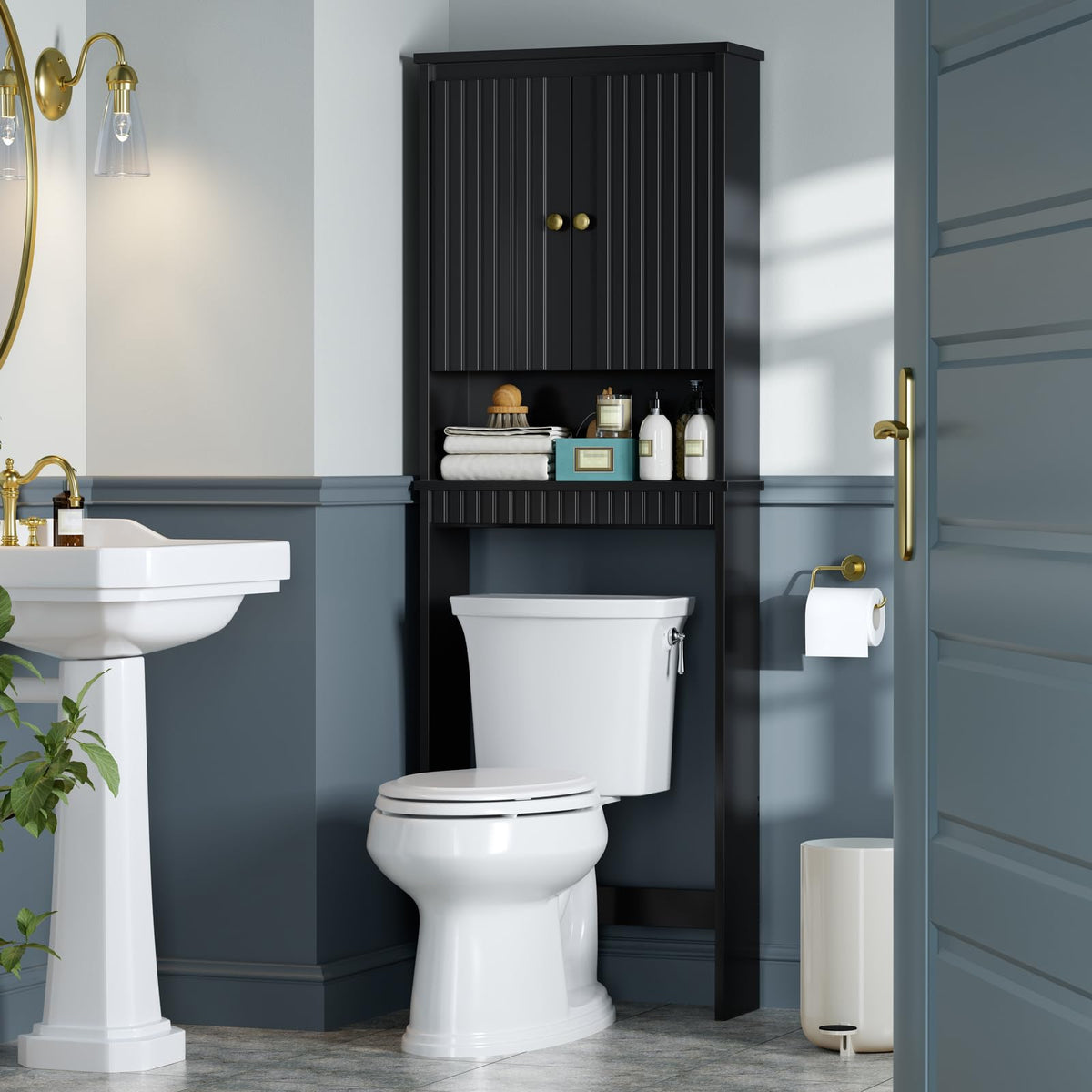 Black Over The Toilet Storage Cabinet with Adjustable Shelf M959511
