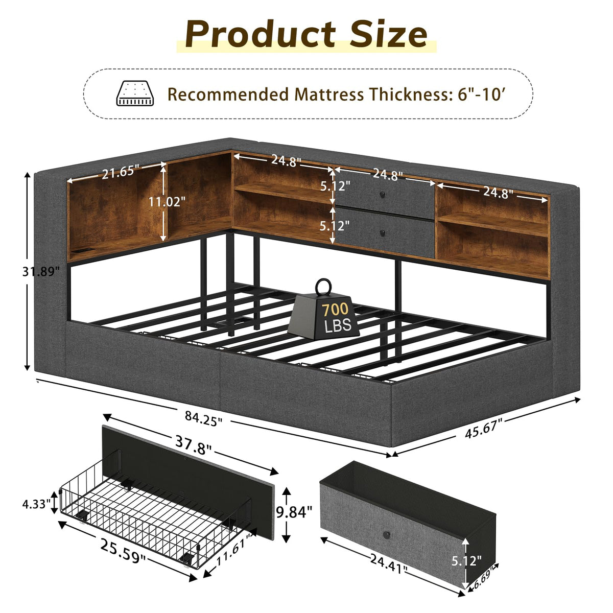 Twin Corner Bed Frame with Storage Drawers V6301
