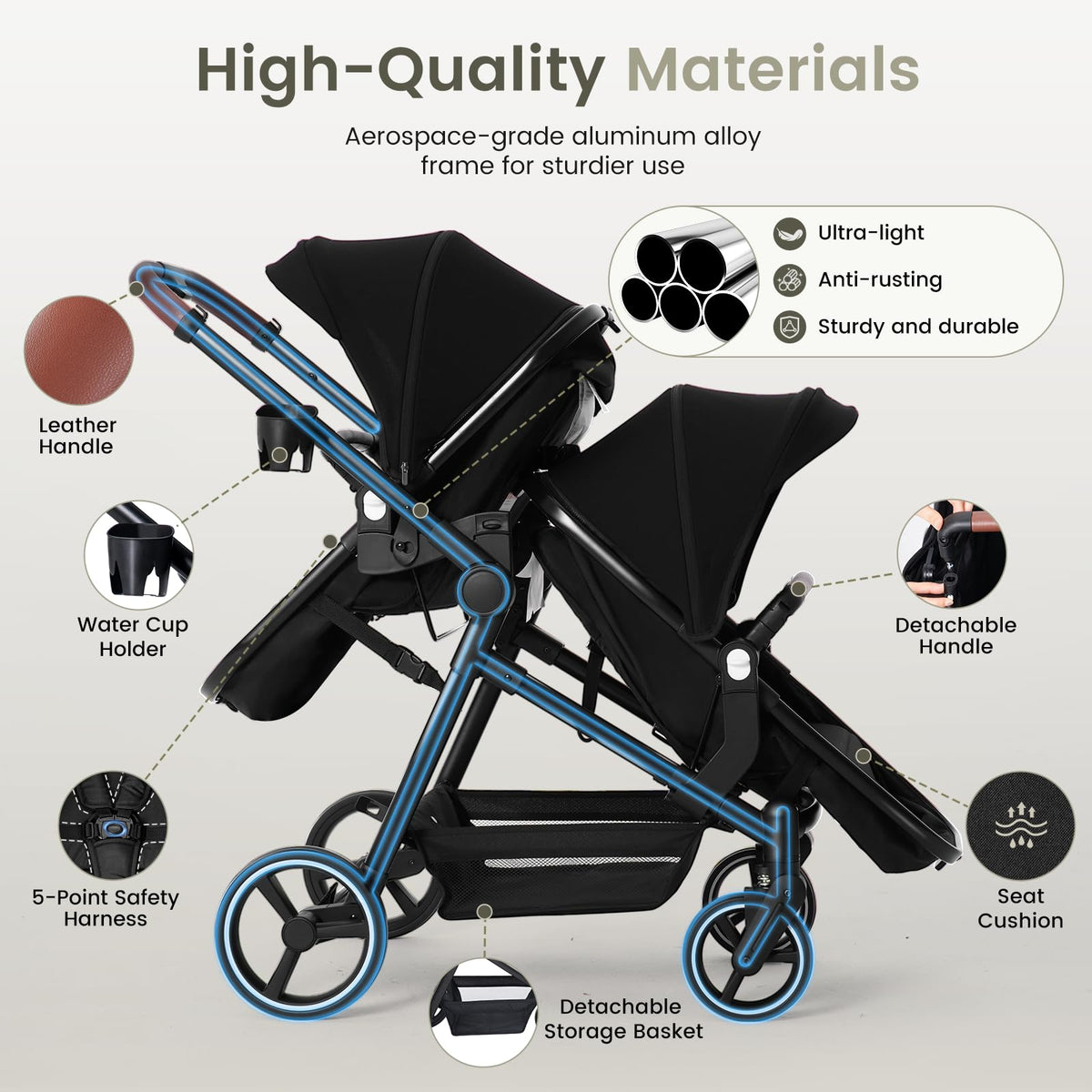Foldable Tandem Double Stroller with Storage Basket X4172