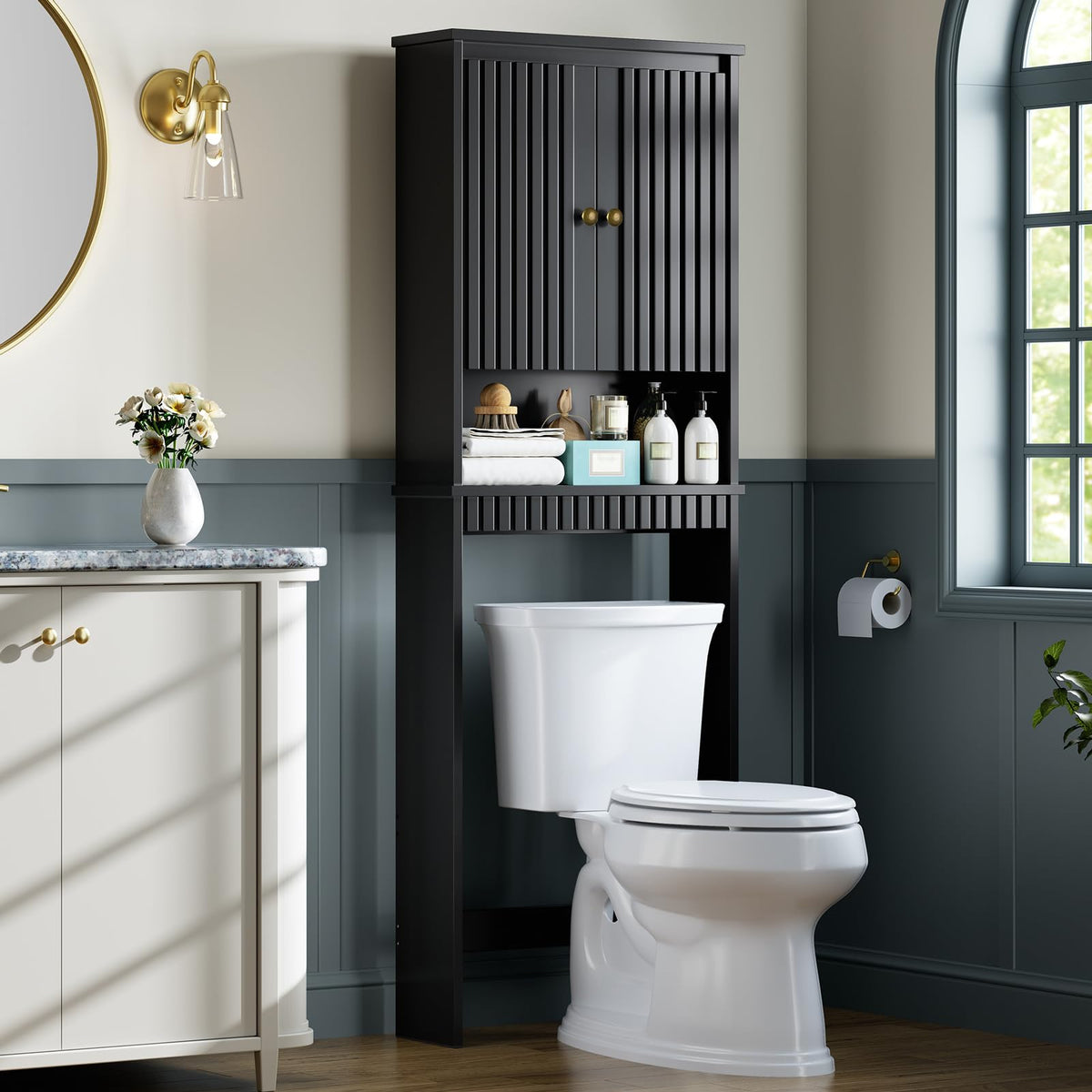 Black Over The Toilet Storage Cabinet with Adjustable Shelf M959511