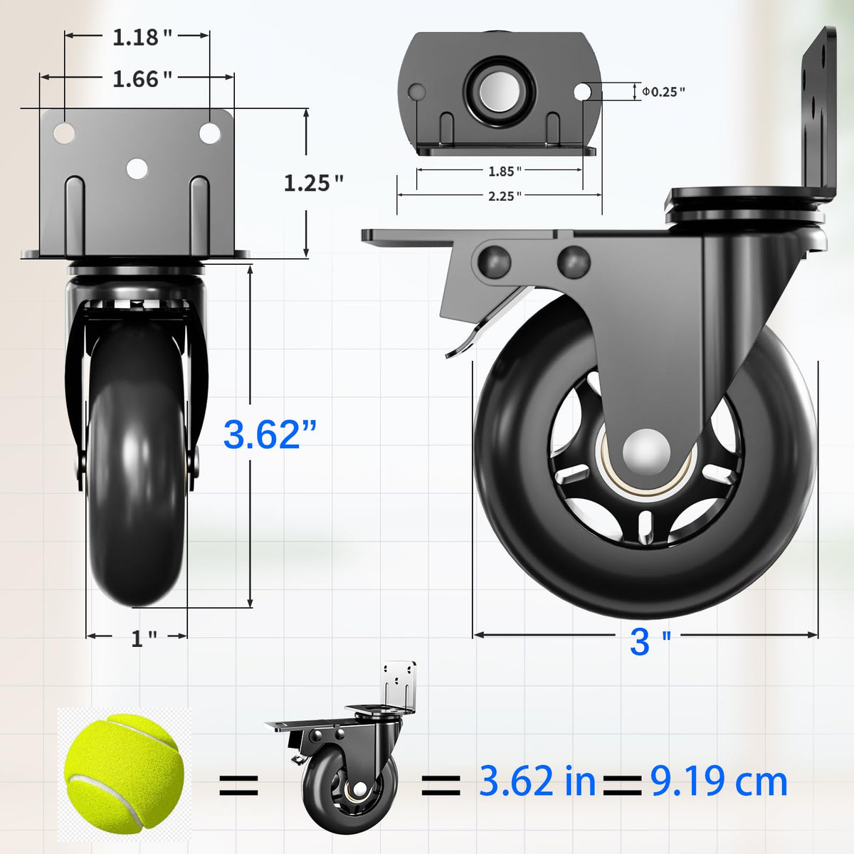 3 in Side Mount Plate Caster Wheels E2784