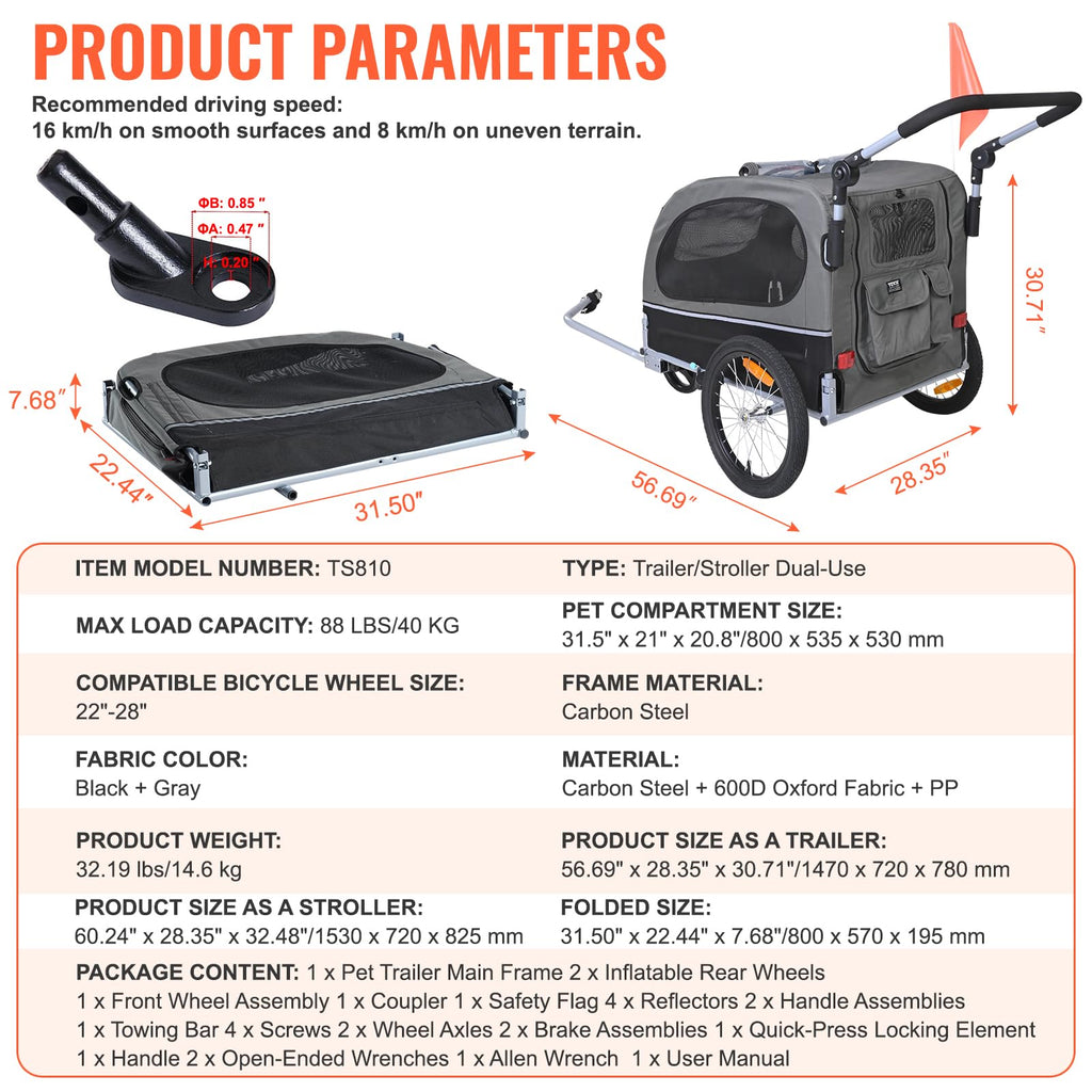 Dog Bike Trailer 2-in-1 Pet Stroller Bicycle Carrier U224