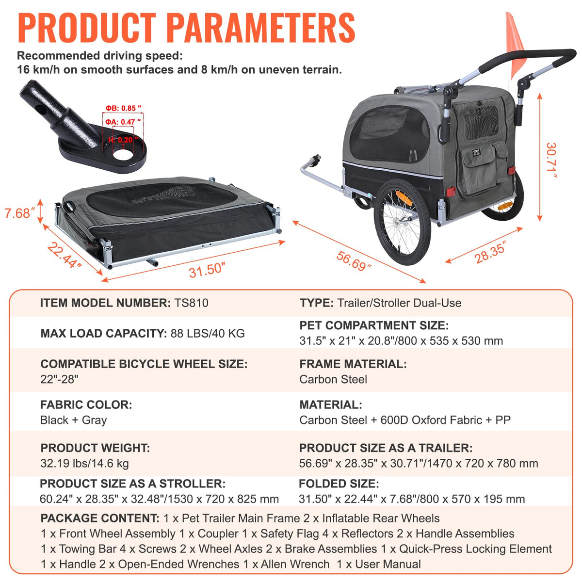 Dog Bike Trailer 2-in-1 Pet Stroller Bicycle Carrier U224