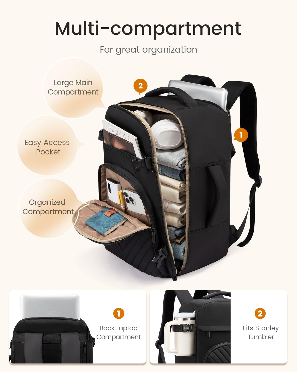 40L Waterproof Travel Backpack with 2 Cubes H27196