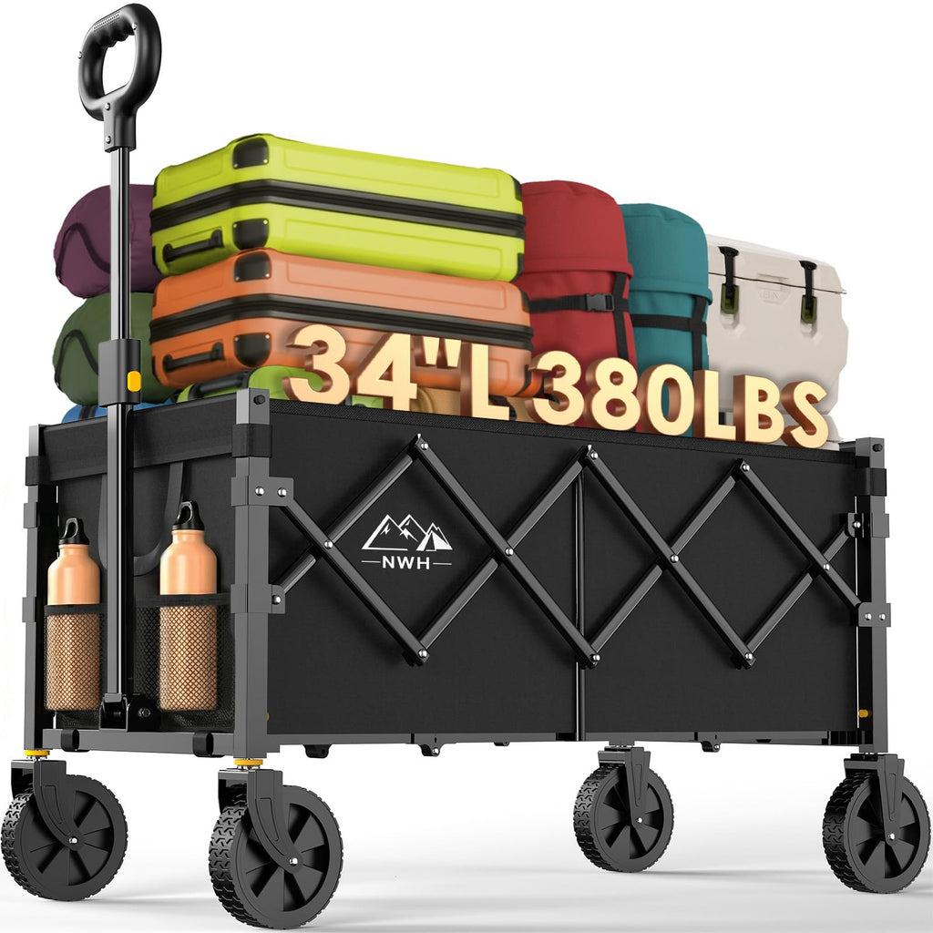 34'' Extra Long Collapsible Wagon, 380lbs Heavy Duty Utility Cart with All-Terrain Wheels U1556