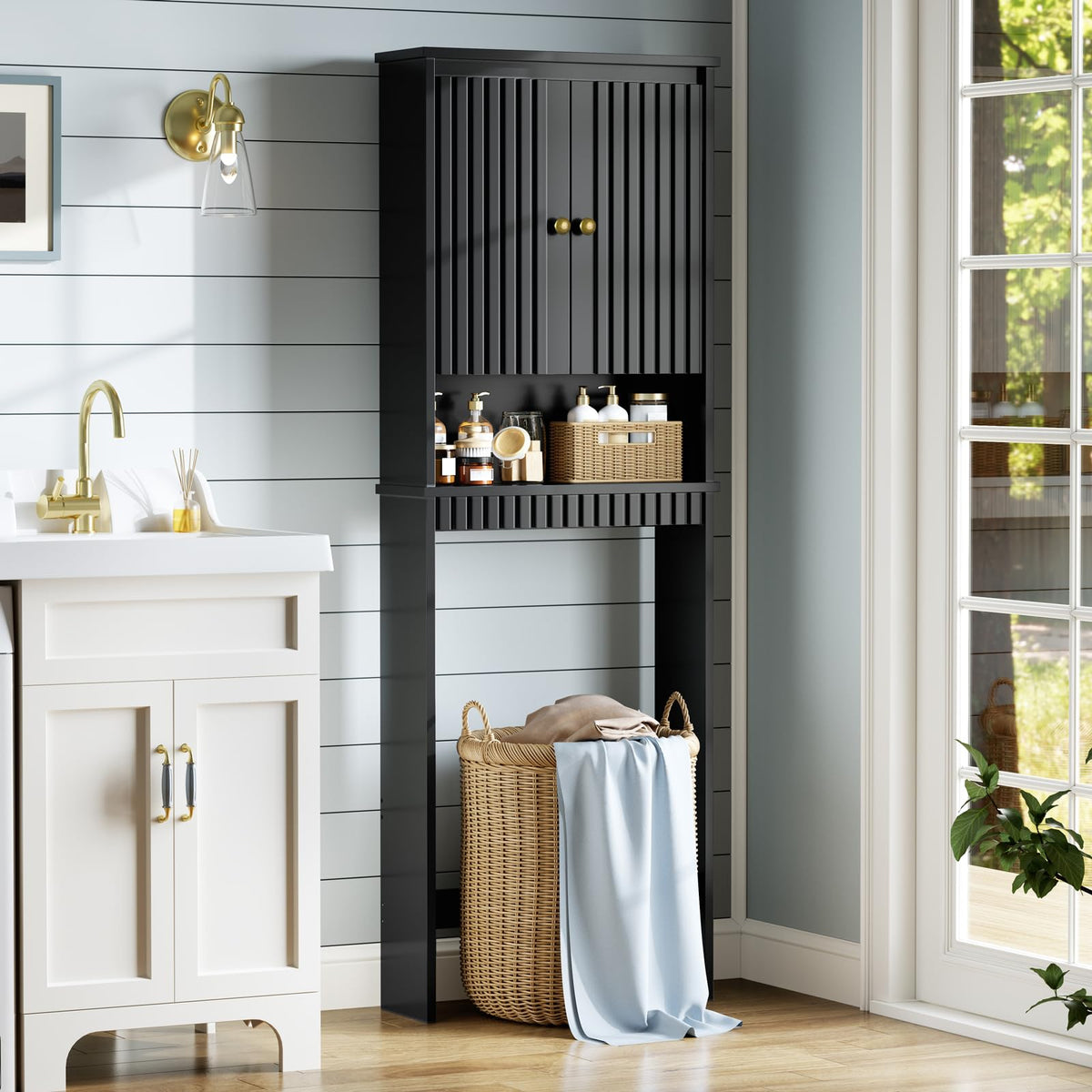 Black Over The Toilet Storage Cabinet with Adjustable Shelf M959511