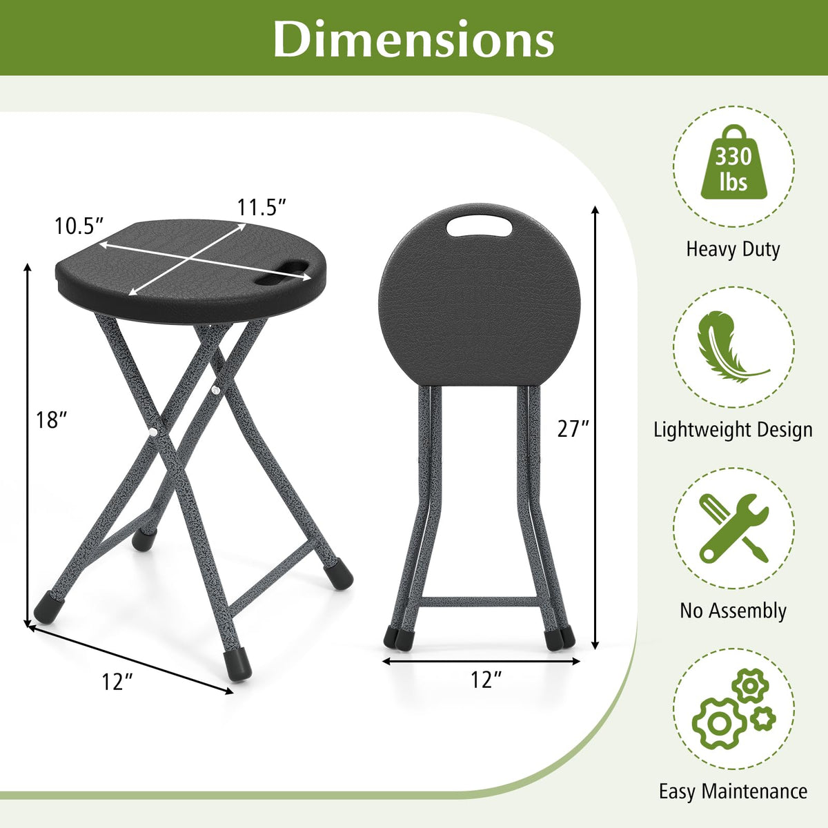 Folding Stool, 18in Portable Collapsible Bar Stool with Handle & Steel Frame R680
