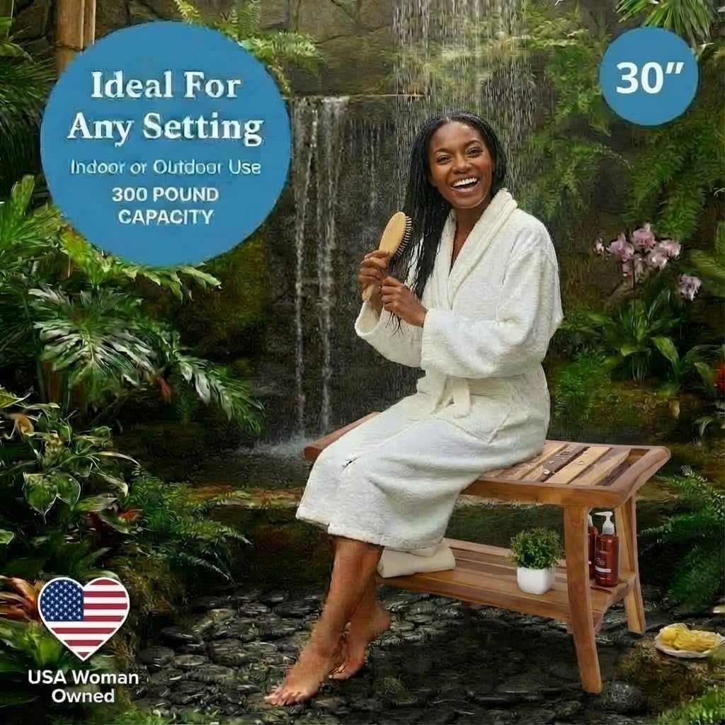 30-Inch Teak Shower Bench with Shelf C51194
