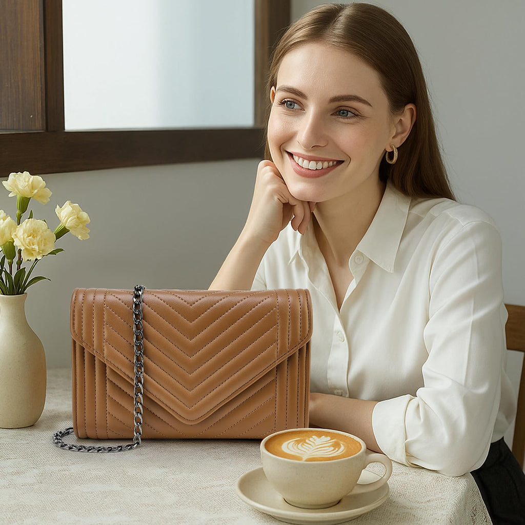 Small Leather Quilted Crossbody Bag with Chain Strap V82973