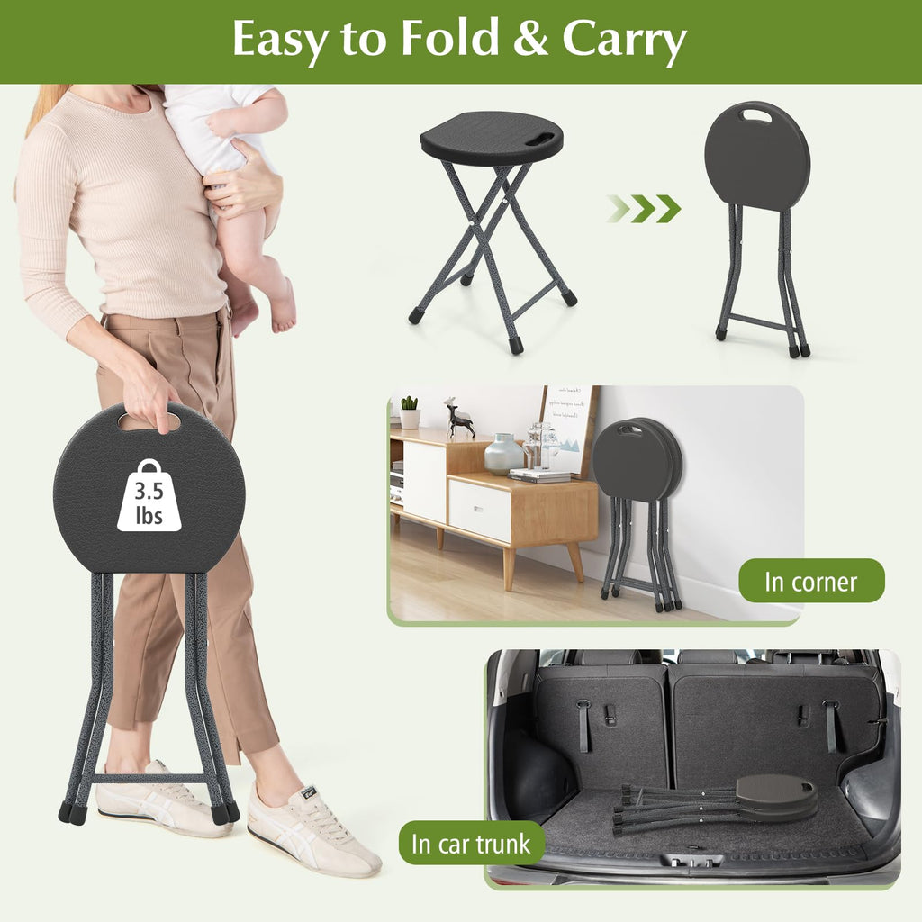 Folding Stool, 18in Portable Collapsible Bar Stool with Handle & Steel Frame R680