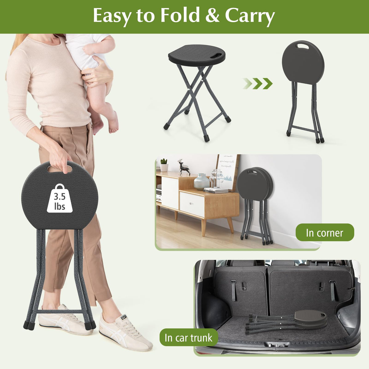 Folding Stool, 18in Portable Collapsible Bar Stool with Handle & Steel Frame R680