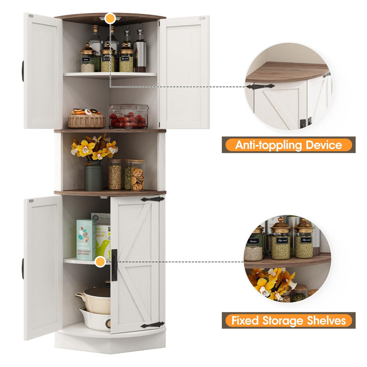 White Tall Corner Storage Cabinet with 4 Doors and 5 Shelves F253