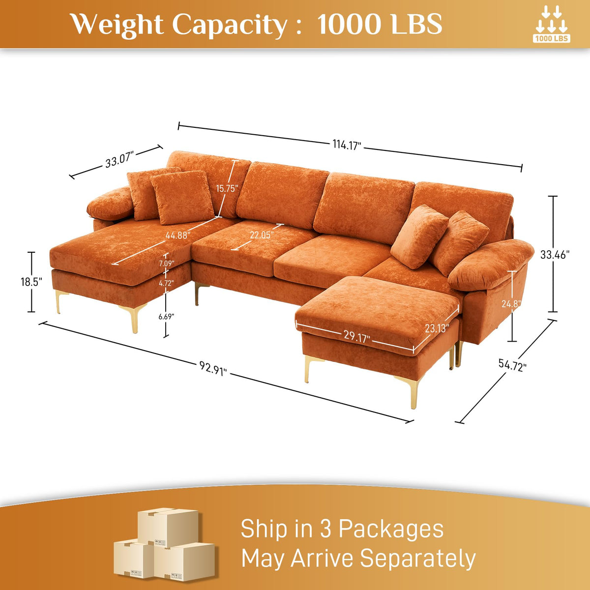 114" U-Shaped Velvet Sectional Couch with Ottoman D597