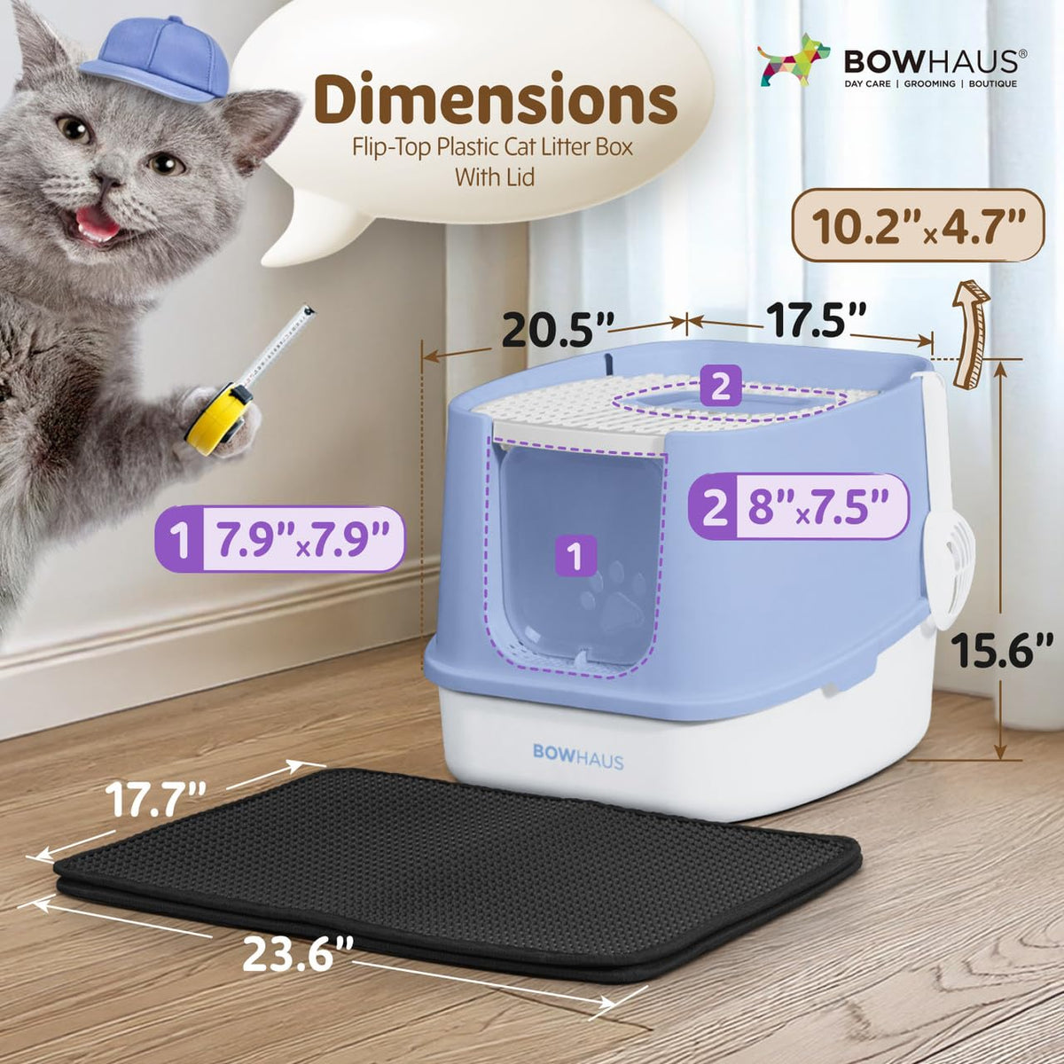 Fully Enclosed Cat Litter Box with Lid, Scoop, Mat, Double Door, Blue F992733