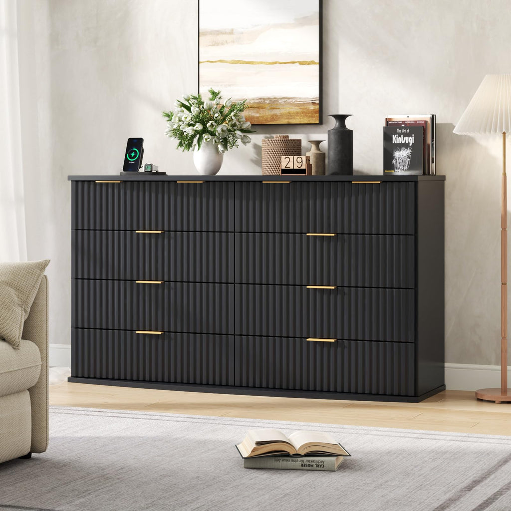 Black 8 Drawer Fluted Wood Dresser with Power Outlet D72455